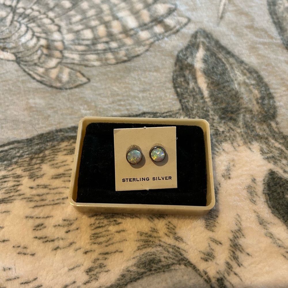 Opal Stud Earrings - Iridescent Blue-Green